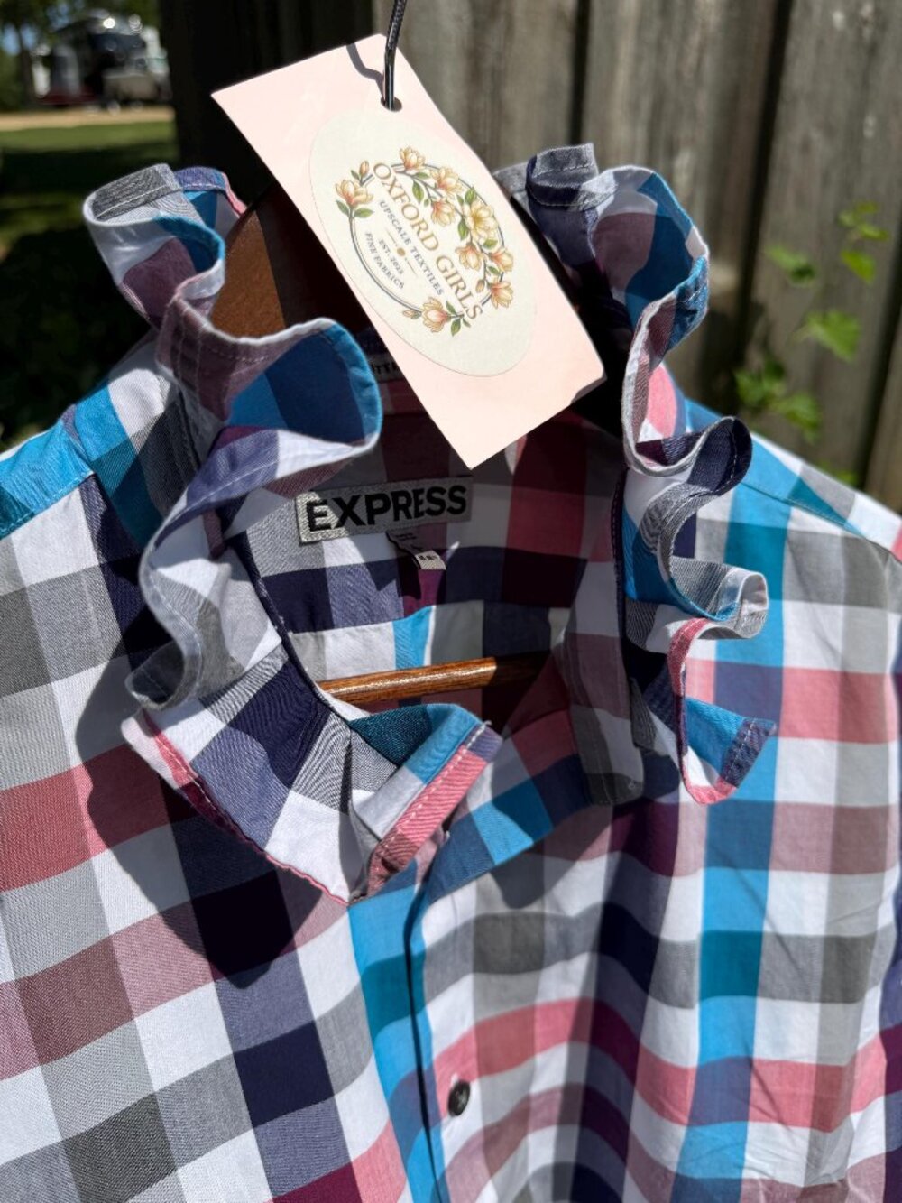 Express bold check upcycled blouse - ruffle collar - cottagecore - size L